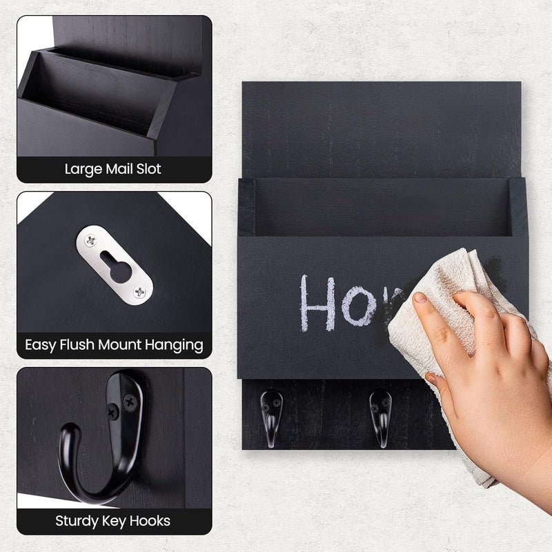 Lucundm Key and Mail Holder for Wall Mount, Entryway Mail Holder with 2 Slot, Key Holder with 3 Sturdy Hooks for Coat, Dog Leash, Decorative Key Rack (8.86”W x 11.42”H x 3”D) (Black) - Image 3